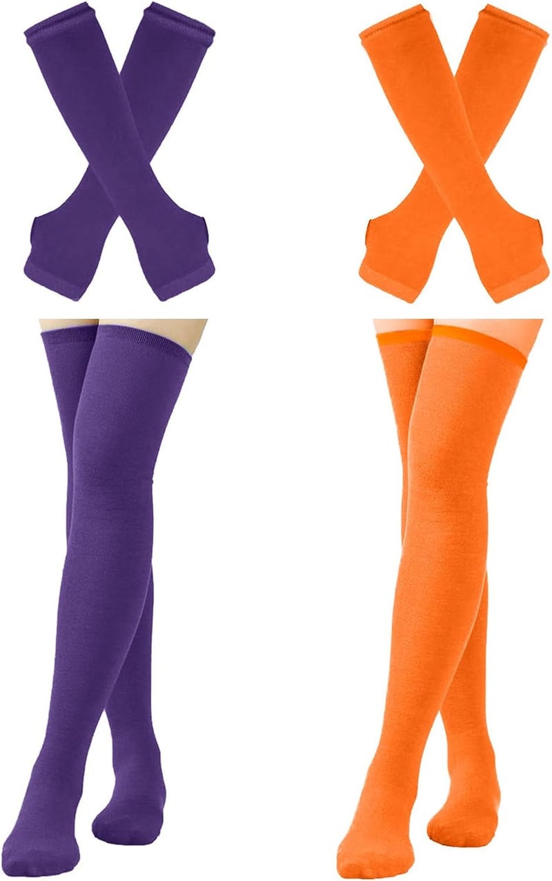 Barrlves Store 2/4 Sets Womens Striped Knee High Socks Long Knitted Arm Warmers Fingerless Gloves for Halloween Costume - Image 1